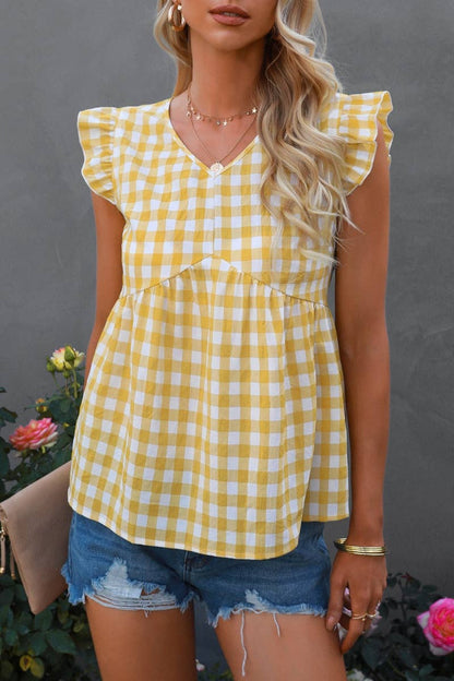 SUMMER RUFFLED SLEEVELESS V-NECK PLAID TOP
